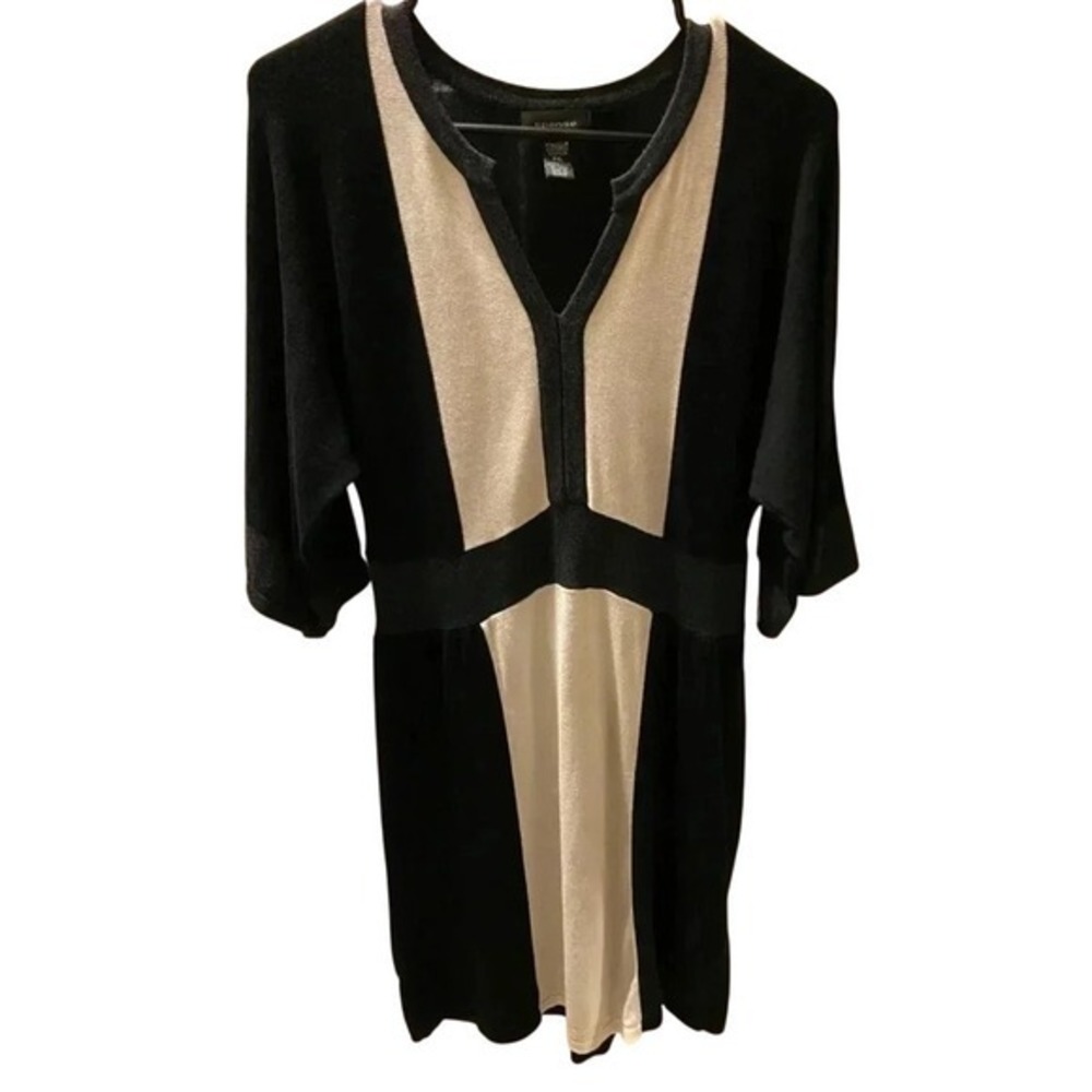 Spense Sweater Dress V-Neck Color‎ Block Knit Dolman Sleeve Blac k Beige PXL